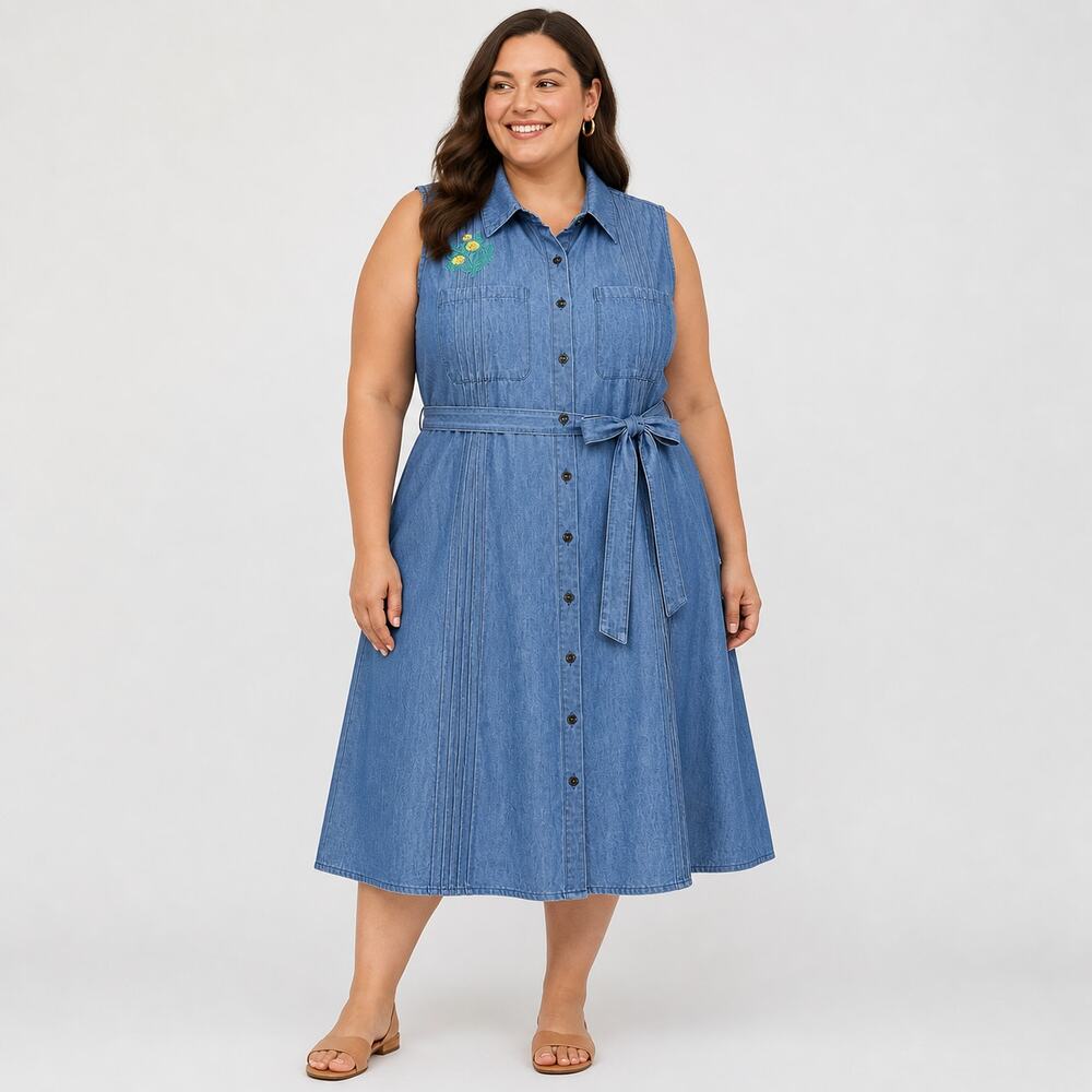 ModCloth Shared Vision Chambray Denim Shirt Dress 3X Floral Embroidered Cottage‎